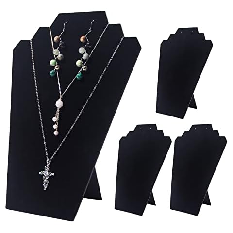 Coward 4Pcs/Set Black Necklace Earring Jewelry Set Display Stand, Foldable Black Velvet Necklace Bust Easel Chain Necklace Holder Organizer Rack for Home or Store Show Cover