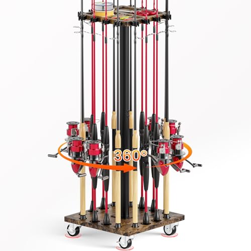 Fishing Rod Rack for 16 Poles - 360° Rotating Base, Easy to Install & Durable Wooden Pole Holders for Garage, Fishing Rod Equipment Organizer Storage Stand for Ground, Fishing Gifts for Men, Brown