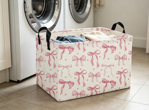 Image of Pink Baskets Girls Basket Rectangular Cute Storage Bin for Room Decor(Pink bownot)