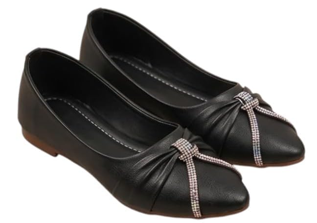 Women's Black Ballet Flats with Rhinestone Bow Detail, Pointed Toe, Faux Leather-image-34