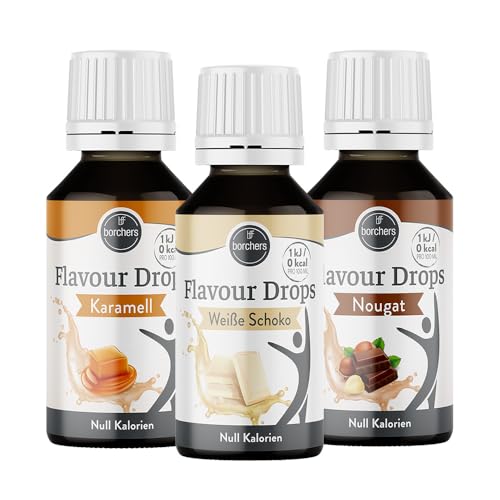 borchers Flavour Drops Probierpaket | je 1 x Weiße Schokolade, Karamel und Nougat | 3 x 30 ml | 0 Kalorien | Süßstoff Flüssig | Zum Kochen und Backen | Für Getränke