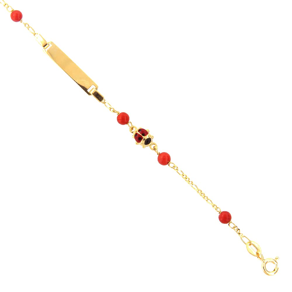 Bracciale Battesimo Bambina in Oro Giallo 9 Carati e Corallo con Targhetta e Coccinella