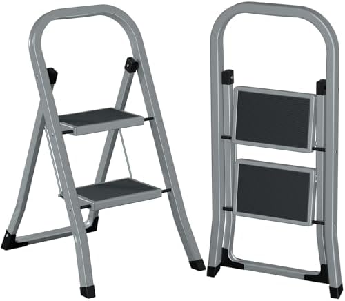 AMHANCIBLE Trittleiter, Leiter mit 2 Stufen, bis 150 kg belastbar, Klapptritt mit breitem Anti-Rutsch-Pedal und Klappsicherung, Einfach zu verstauen, Perfekt für Küche & Haushalt,