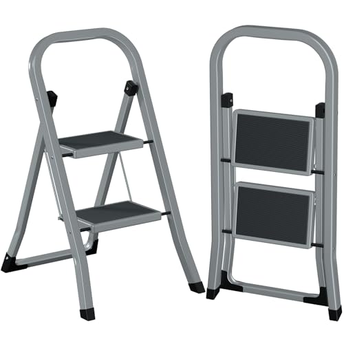AMHANCIBLE Trittleiter, Leiter mit 2 Stufen, bis 150 kg belastbar, Klapptritt mit breitem Anti-Rutsch-Pedal und Klappsicherung, Einfach zu verstauen, Perfekt für Küche & Haushalt, Taubengrau EBSL02GY