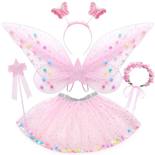 Tacobear Feenkostüm Mädchen Kinder Schmetterlingflügel Fee Kostüm Set Mädchen Tutu Wings Feenkleid Zauberstab Haarreif Halloween Party Prinzessin Feen Flügel Kostüm Kinder 3 4 5 6 7 8 Jahre (Rosa)