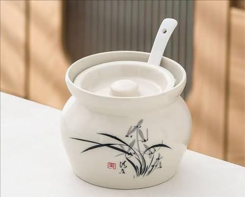 Qfmr 電子レンジ対応 セラミック茶碗蒸し器 和風デザイン 家庭・飲食店兼用大容量450ml 蓋・スプーン付き (A ホワイト,11.5*11.5*8.5cm)