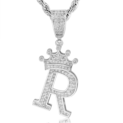 Silver A-Z Letter Crown Initial Necklace, Cute Bling Personalized Alphabet Name Pendant Necklace, 24-inch Rope Chain Hip Hop Charm Glitter Shiny Cubic Zirconia Large Letter Mom Men Women Jewelry