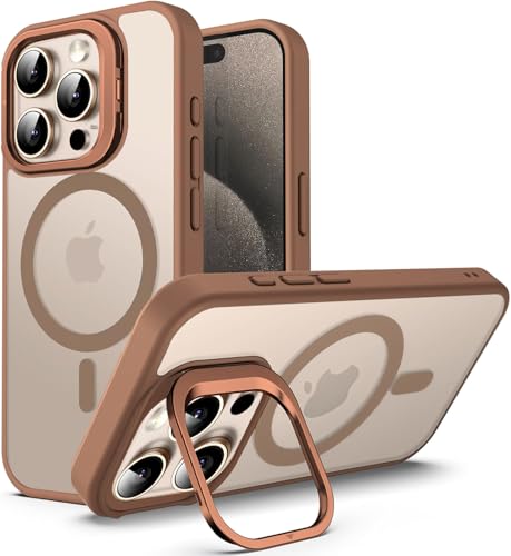 Image of Elzzi Kickstand Mag Safe Polycarbonate Back Case for iPhone 16 Pro Max, Built-in Adjustable Camera Stand, Translucent Matte Magnetic Mag-Safe Shockproof Phone Cover (Desert Titanium)
