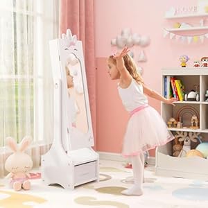 Glacer kids jewelry armoire cabinet with full length mirror standing children jewelry organizer with foldable drawer 2 adjustable tilt angles princess dress up jewelry cabinet for girls white  urban country home decor