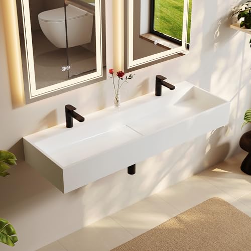 Weibath 47'' Bathroom Vessel Sink Double-Bowl Bathroom Sink Wall Mounted Trough Floating Sink in Matte White