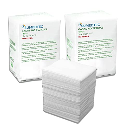 Sumedtec - 200 Gasas, no esteriles, de Tejido no Tejido 10 cm x 10 cm con 4 capas en caja con 200 unidades. Fabricado en la EU unidades CE Cover