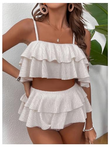Makemechic Women'S Maternity Two Piece Swimsuit Ruffle Layer High Waisted Pregnancy Bikini Sets Bathing Suit Apricot Large thumb #3
