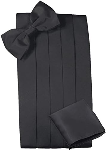 Platinum Hanger Mens Satin Cummerbund Bowtie Hanky set, 4 Pleat, Large Variety of Solid Colors Available (Black)