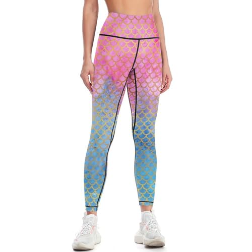 Tadxcjz Blue Mermaid Scales High Waisted Yoga Pants for Women 4-Way Stretch Soft Running Workout Leggings Athletic Yoga Pants 2XL