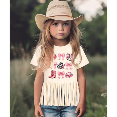 Image of Girls Western Shirt Cowgirls Embroidered Country Concert T Shirt Graphic Horseback Rider Tassel Fringe Tee Tops