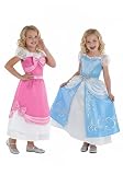Girls Reversible Cinderella Costume | Kids Two In One Pink Day Dress and Blue Ball Gown for Halloween, Dress Up Medium