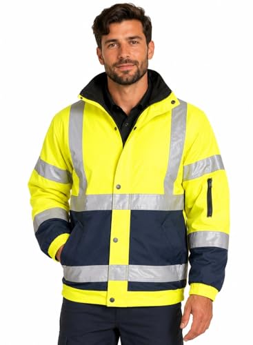 Image of shelikes Men's Hi Vis Bomber Jacket Waterproof High Viz Workwear Coat Hooded Padded Security Safety Jacket with Pockets Reflective Tape & Fleece Lining