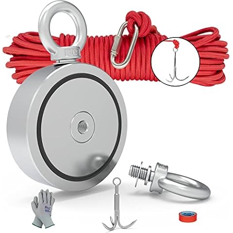 THCMAG Double Sided Magnet Fishing Kit with Grappling Hooks, Gloves, 1500lbs combined strength Strong Retrieval Neodymium Magnets with 65FT Rope for River Magnetic Recovery Salvage Fishing Cover