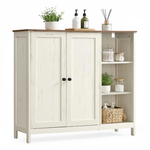 VASAGLE Meuble de Salle de Bain, Armoire de Rangement, avec 2 Portes, Compartiments Ouverts, 90 x 30 x 80 cm, pour Salon, Entrée, Blanc Rustique et Marron...