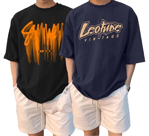 Image of LEOTUDE Casual Half Sleeve Cottonblend Printed Round Neck Drop Shoulder Oversized Tshirt for Man (Color Brown)