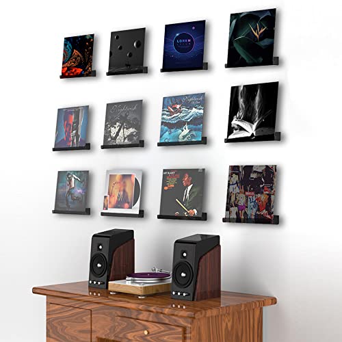 Dingelex 12 Pack Black Acrylic Vinyl Records Albums Holder Display Rack, Acrylic Wall Mount Lp Vinyl Record Shelves With Free Screws And Screwdriver, Small Wall Ledge Storage Shelves #TOP1
