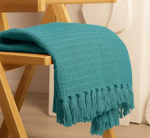 Image of 100% Cotton Waffle Weave Sofa Throw Blanket 50x60 Inches or 125x150 cms Lightweight, Soft & Breathable Couch, Bed or Chair Throw Blanket for Living or Bedroom, Turquoise Blue