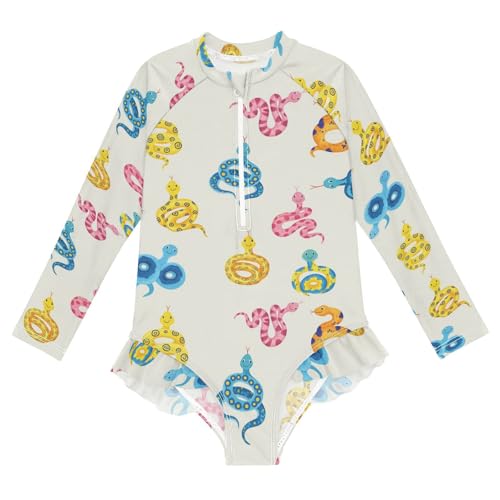 Colorful Snakes on Cream Girls Rash Guard Swimsuits Long Sleeve One Pieces Bathing Suit UPF 50+ Zipper Swimwear