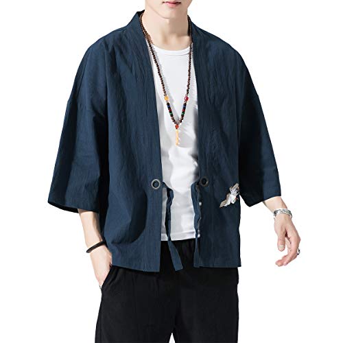 Image of PRIJOUHE Men's Kimono Jackets Cardigan Lightweight Casual Cotton Blends Linen Seven Sleeves Open Front Coat Outwear