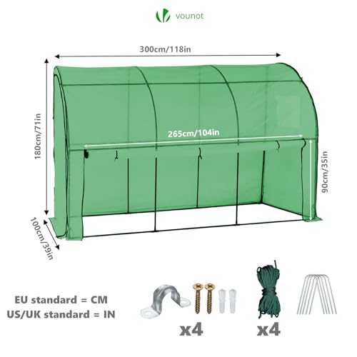 VOUNOT® Gewächshaus Foliengewächshaus, Anlehngewächshaus mit Seitenwände Aufrollbar, Tomatengewächshaus Winterfest Stabil, 300x100x180cm Grün – Bild 4