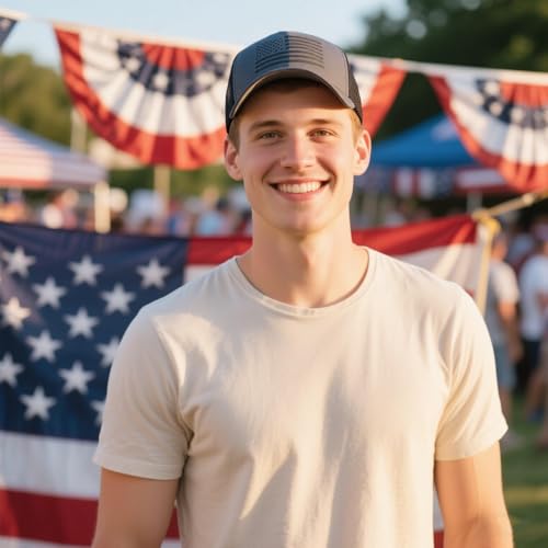 Image of 2 Packs American Flag Trucker Hat, Adjustable Mesh Snapback Baseball Caps for Men Women