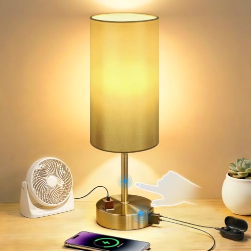 Image of Bedside Table Lamp, Dimmable Touch, AC Outlet, USB A+C (Gold) | 3-Way Dimmable, Small Touch Lamp with Eye-Care LED Bulb, Ideal Soft Lighting for Nightstand, Bedroom, Reading, Living Room