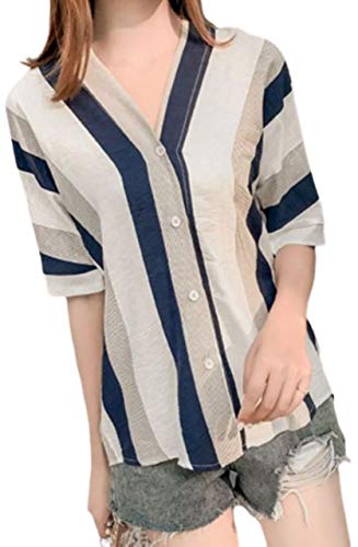[ブパオ] Vネック ブラウス ストライプ 五分袖 シャツ トップス ノー カラー ビジネス オフィス カジュアル レディース 薄手 おおきめ ゆったり ウェア 襟 ワンマイル ルーム 部屋 上 普段 仕事 着 アウター 首 ネック カッター 半 長 ロング ミドル ハーフ パフ スリーブ 半袖ブラウス ブラウス シャツブラウス オシャレブラウス シャツ 半袖シャツ スキッパー スキッパーブラウス 夏 夏服 薄手 厚手 OL 通勤 オフィスカジュアル 韓国 可愛い 可愛い服 可愛い服女の子 韓国ファッション 大きいサイズ 大きい ファッションレディース ファッションレディース夏 レディースファッション夏 レディースファッション レディース (ネイビー, M)