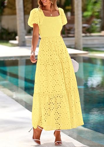 Image of PRETTYGARDEN Summer Dresses for Women 2026 Eyelet Square Neck Puff Sleeve Smocked Wedding Guest Maxi Dress with Pockets