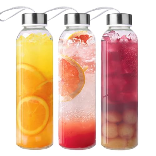 3 Packs Glass Water Bottles with Lid Clear Juice Bottles Reusable Bottle with Stainless Steel Cap Glass Cups Liquid Storage Containers for Juicing Beverage Refrigerator Travel-18oz