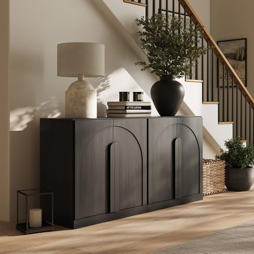 Image of BELLEZE Set of 2 Modern Sideboard Buffet Cabinets (63 inch Wide)-Large Sideboard Credenza with Arched Doors-Seamless Hidden Organization Console for Living Area-Ebony