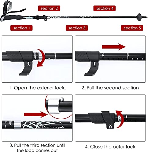 Foto von 2 Stück Wanderstöcke Faltbar, Nordic Walking Stöcke Verstellbar 110-130cm Trekkingstöcke, Aluminium Teleskop Wanderstock mit Gummipuffer für Herren Damen Trekking, Wandern, Backpacking (Schwarz)