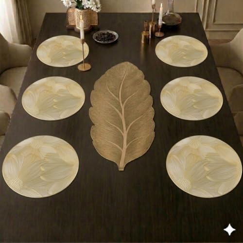 Image of Dakshya Industries Dining Table Mats Round PVC Set | 6 Waterproof Placemats (38 x 38 cm) + 1 Table Runner (91 x 33 cm) | Heat Resistant, Kitchen Decor (Orovia)