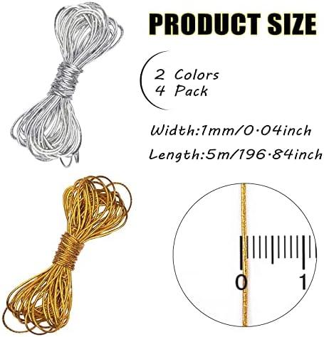 4 Pack 5M Metallic Tinsel Elastic Cords Dreadlock Braiding Rope for Hair Braiding, Ornament Hanging, Decorating, Gift Wrapping (Gold and Silver)