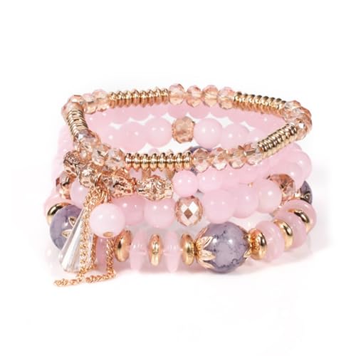 Damen Kristall Perlen Armband Boho Steine Armbänder Damen Mehrschichtiges Steine Armband Bohemian Perlen Armbander Stretch Stapelbare Bohemian Armbänder Boho Perlenarmband Set (Rosa)