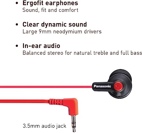 Image of Panasonic Ergofit in-Ear Earbud Headphones Matte Black /Red (RP-HJE120-KB)