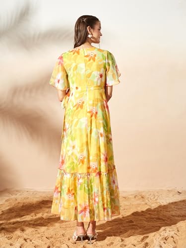 Image of Miss Chase Women's Floral V-Neck Flutter Sleeve Wrap Chiffon Maxi Dress
