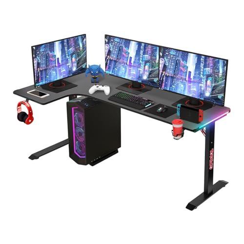 Todeco Bureau d'angle, Bureau en L Bureau Gaming LED 160 x 100cm, Grande Bureau Gamer avec Un Plateau en Fibre de Carbone, avec Porte-gobelet et Crochet pour Casque