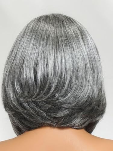 Image of Beauty Forever Salt and Pepper Layered Bob Wig Human Hair 6.5x5x1.5 Side Part Minimalist Lace Glueless Grey Wig with Face-Framing Layers Shoulder Length Outward Flip Ends Pre Cut Wear Go Wig 8inch