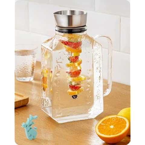 Baffect Glass Pitcher with Lid for Fruit Infuser Water, Water Pitcher for Fridge with Easy-grip Handle, Iced Tea Pitcher Made of Heat and Cold Resistant Glass for Sun Tea and Juice (1.75L/62oz.) Cover