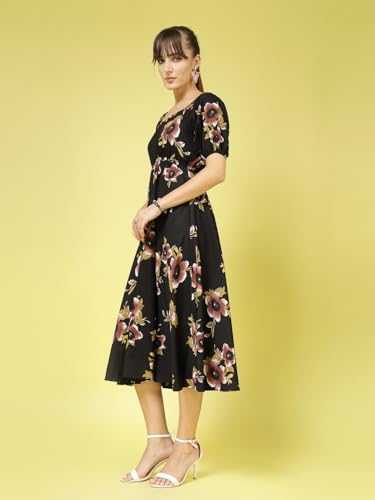 Image of OOMPH! Below Knee Shift Pink Dress in Crepe Fabric with Round Neck and Puff Sleeves - md619l