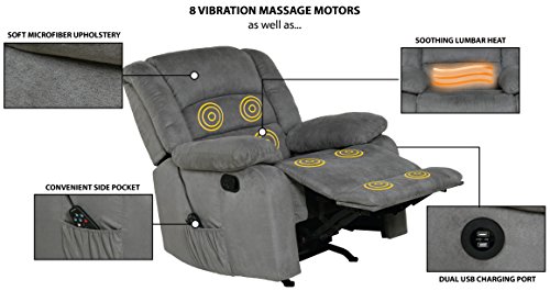Relaxzen Longstreet Rocker Recliner With Massage, Heat And Dual Usb Ports, Microfiber, Gray #TOP5