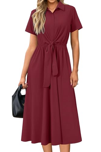 Image of Newshows Women's Work Business Casual Outfits Tie Waist Midi Shirt Dress | Lightweight & Breathable Easy-care Fabric, Side Pockets, Decent Professional Attire, Church Office Funeral Outfits