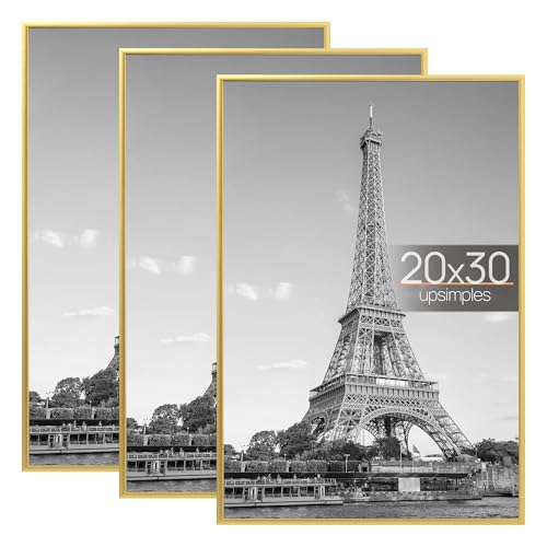 Image of upsimples 20x30 Picture Frame Gold 3 Pack, Scratch-Proof Poster Frames 20 x 30 for Photo Gallery - Slide-In Strips, Horizontal or Vertical Wall Mounting