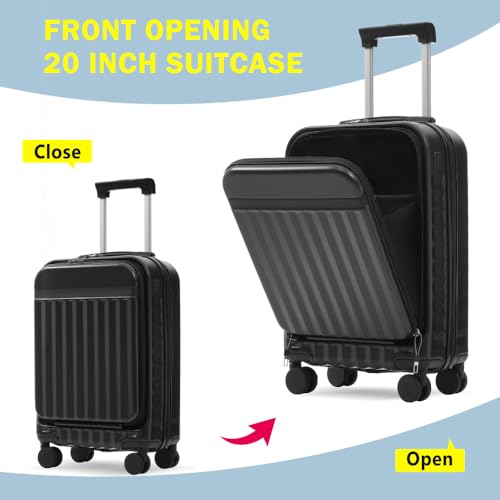 3 Piece Front Opening Luggage Set Hardside Carry on Suitcase with USB Port Expandable Spinner Wheels TSA Lock (Black + ABS)3