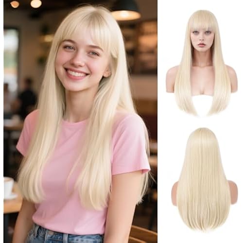 Long Blonde Straight Synthetic Wig with Bangs for Women 24in